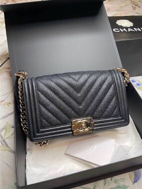 Authentic CHANEL Black Chevron Quilted Caviar with Gold Hardware Old Medium Bag
